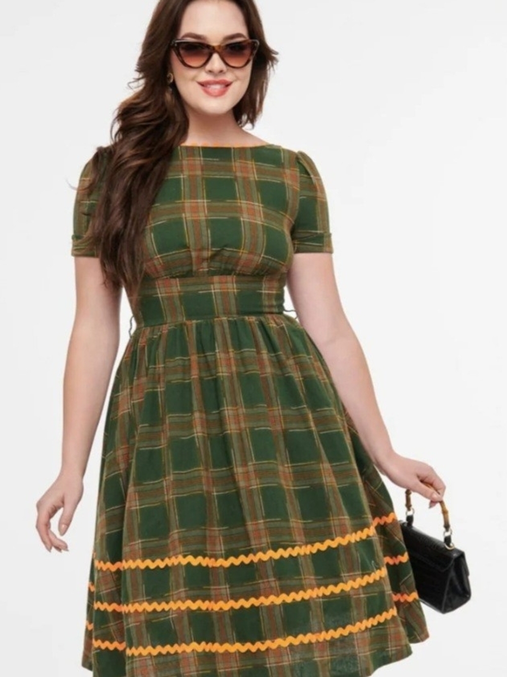 Unique Vintage Green Plaid Dress with Orange Trim